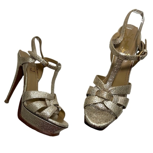 Saint Laurent Tribute High-Heel Leather Sandal in Metallic Gold size 40 | US 10 - Picture 1 of 14
